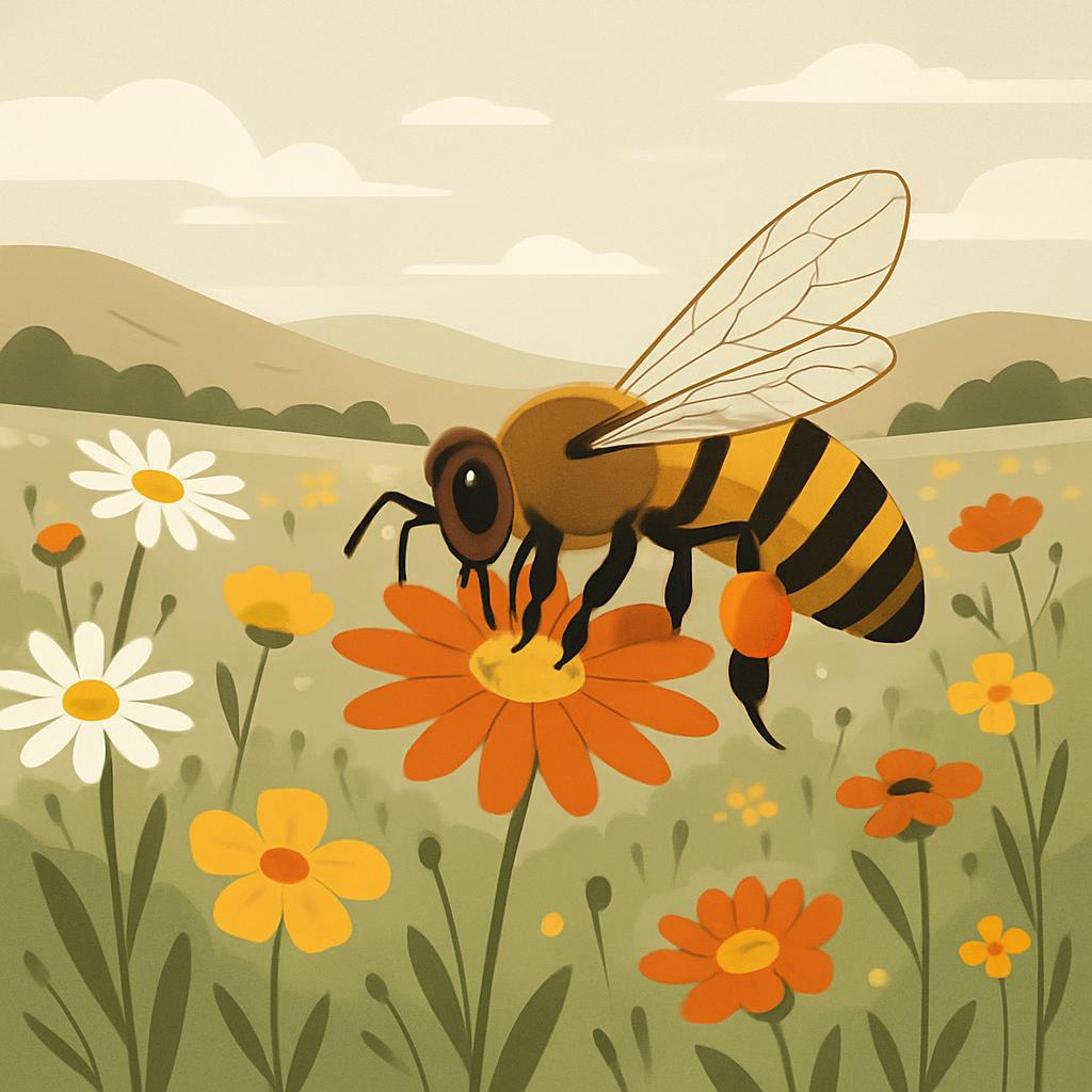 An illustration of a honeybee and flowers, with background illustrations of rolling hills under cloudy skies.