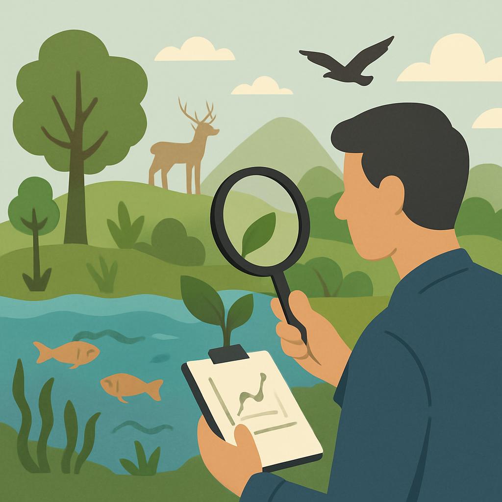 People in a field are observing animal life.