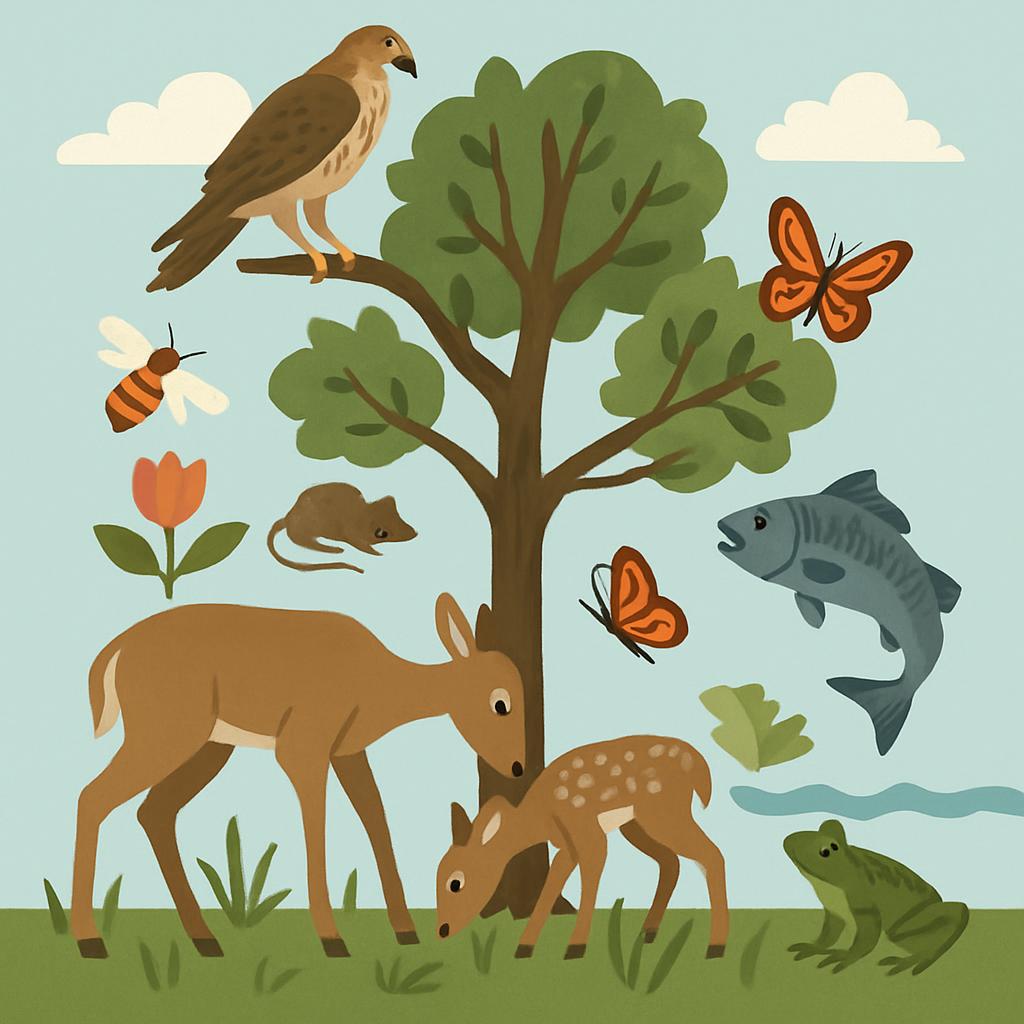 A cartoon illustration of a forest ecosystem featuring various animals, such as a deer, a tree, a butterfly, and a frog.