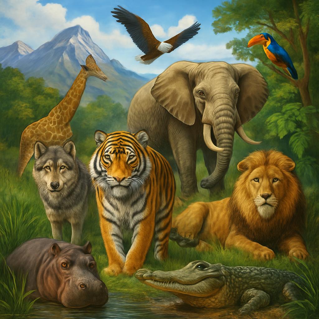 A vibrant illustration of a diverse gathering of seven animals in a natural setting: an elephant, a lion, a tiger, an alli...